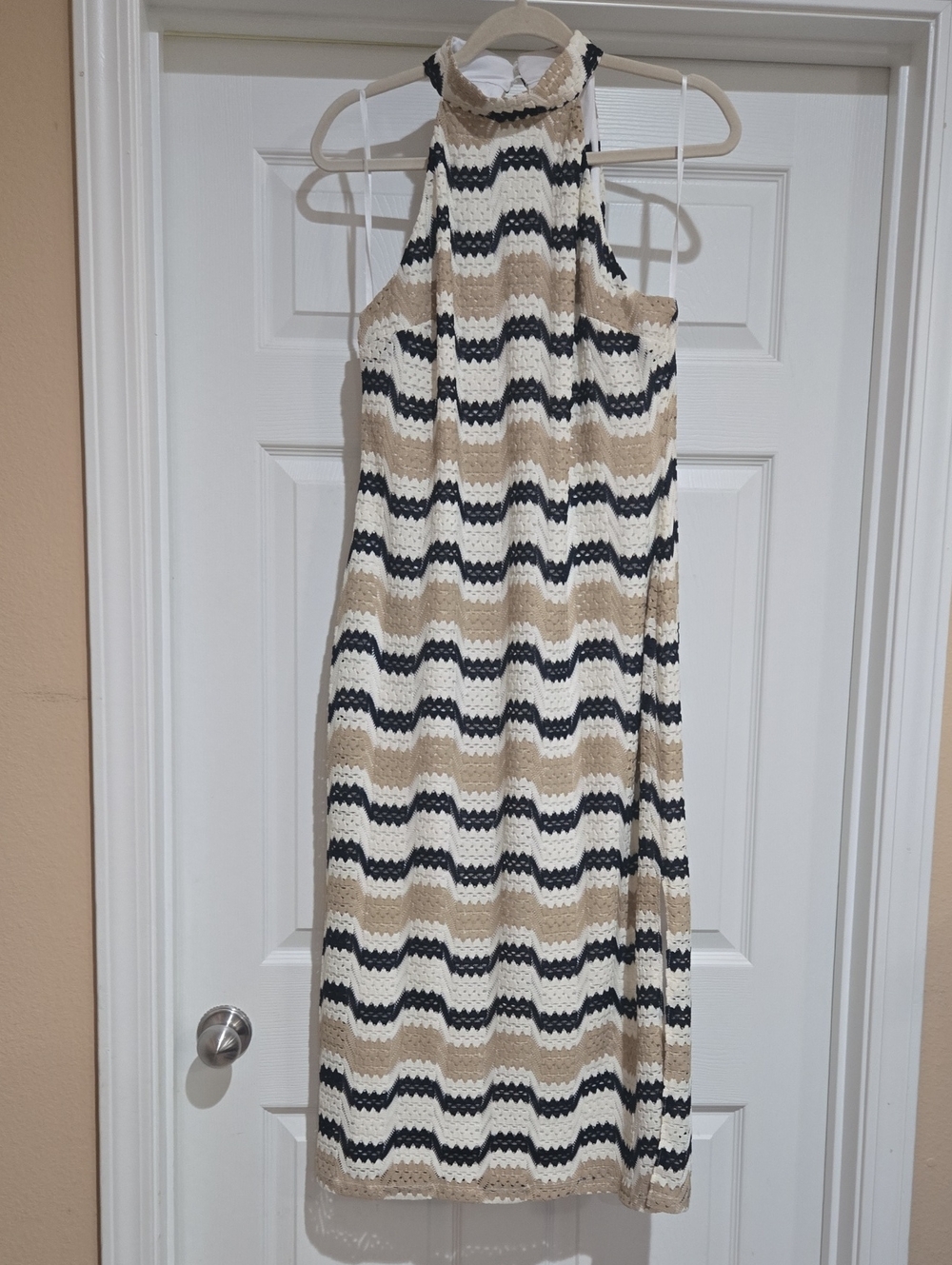 Sleeveless Chevron Knit Halter Dress in Beige, Black & White